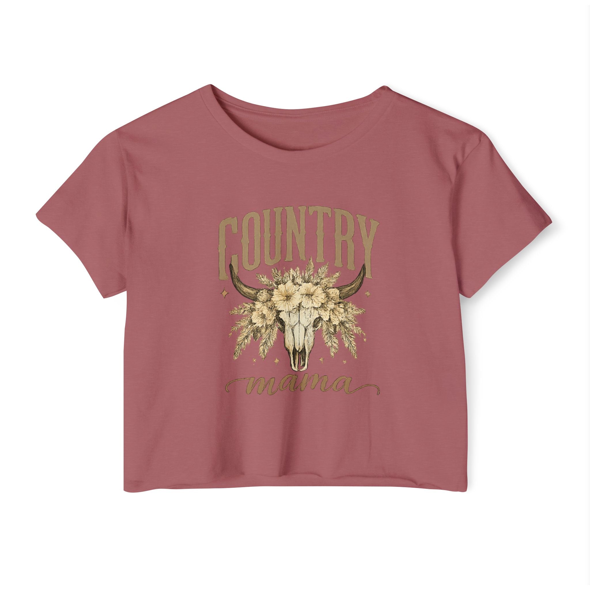 Country Mama Crop Top — Floral Bull Skull Festival Tee for Moms