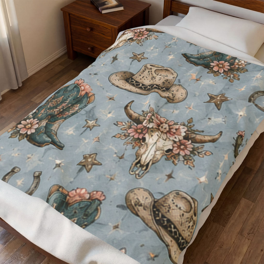 Western Floral Cow Skull Velveteen Plush Blanket — Cowboy Hat & Boots Pattern