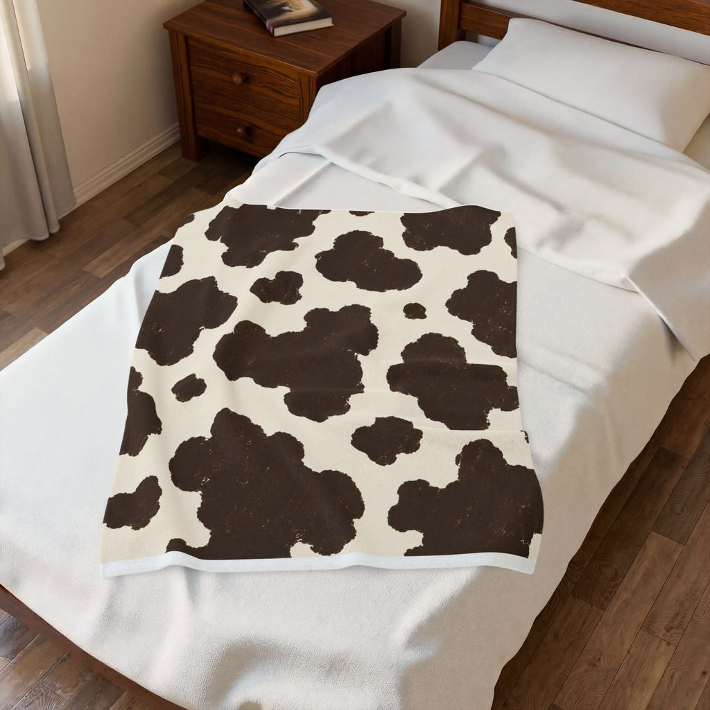Cowhide Print Velveteen Plush Blanket — Cozy Brown & Cream Throw