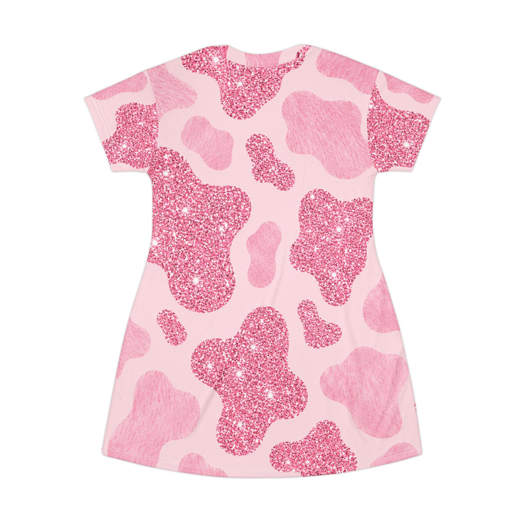 Pink Glitter Cow Print T-Shirt Dress – All-Over Print Cute Cowhide Pattern