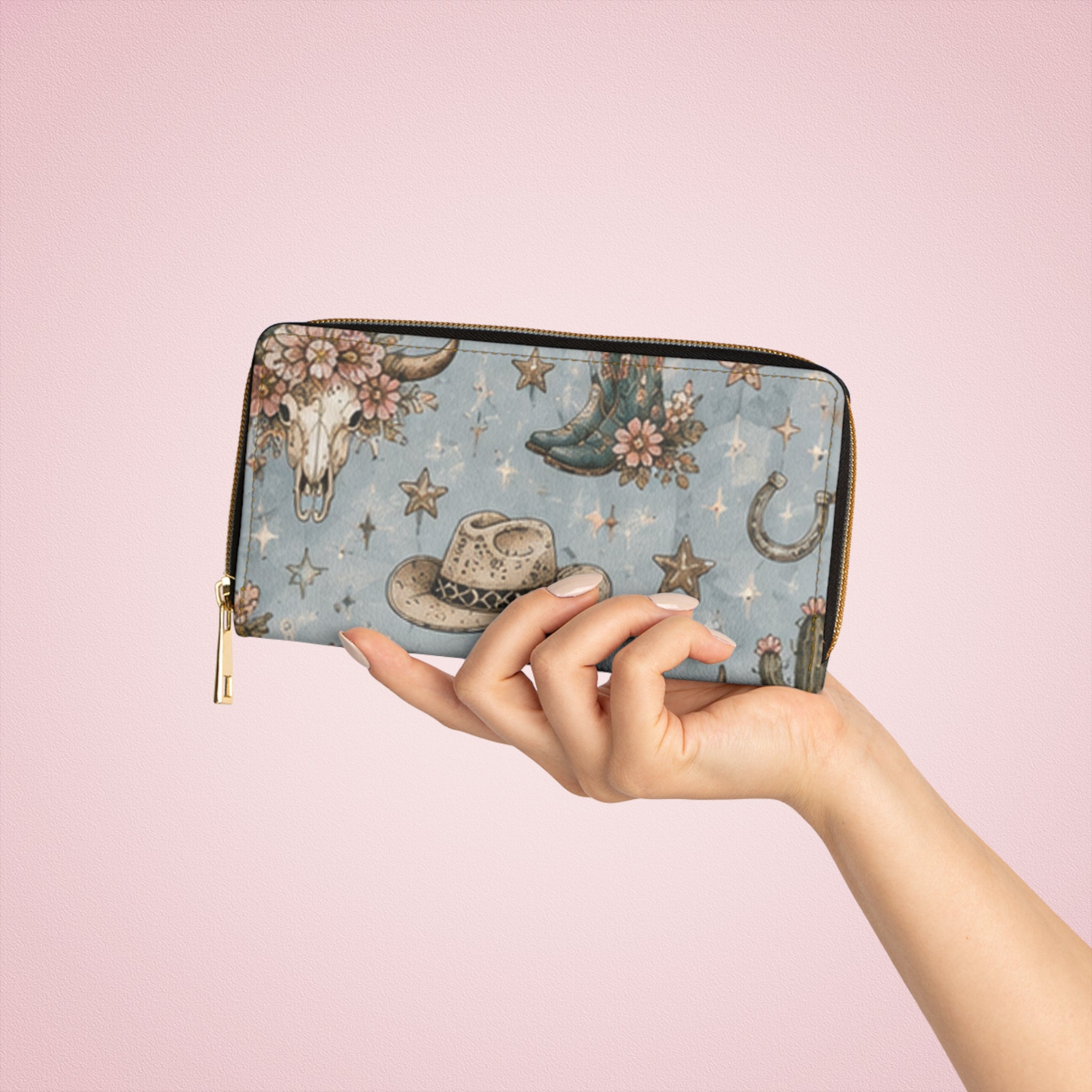 Western Floral Zipper Wallet – Cow Skull, Cowboy Hat & Horseshoe Ranch Print