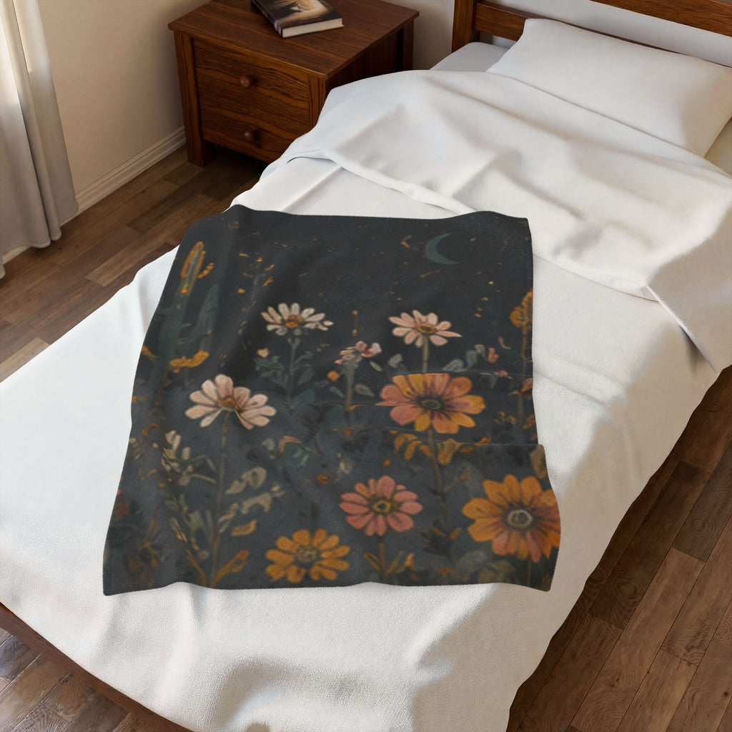 Velveteen Plush Blanket — Midnight Wildflower Throw (Boho Floral Moon)