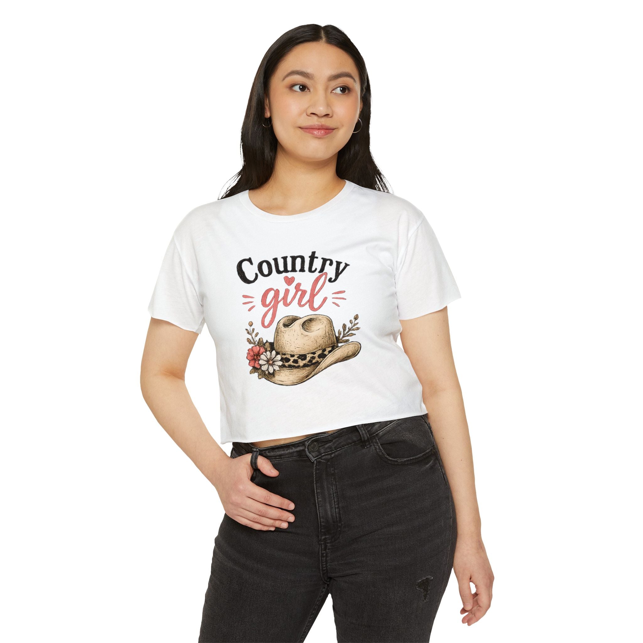 Country Girl Festival Crop Top — Floral Cowboy Hat Graphic