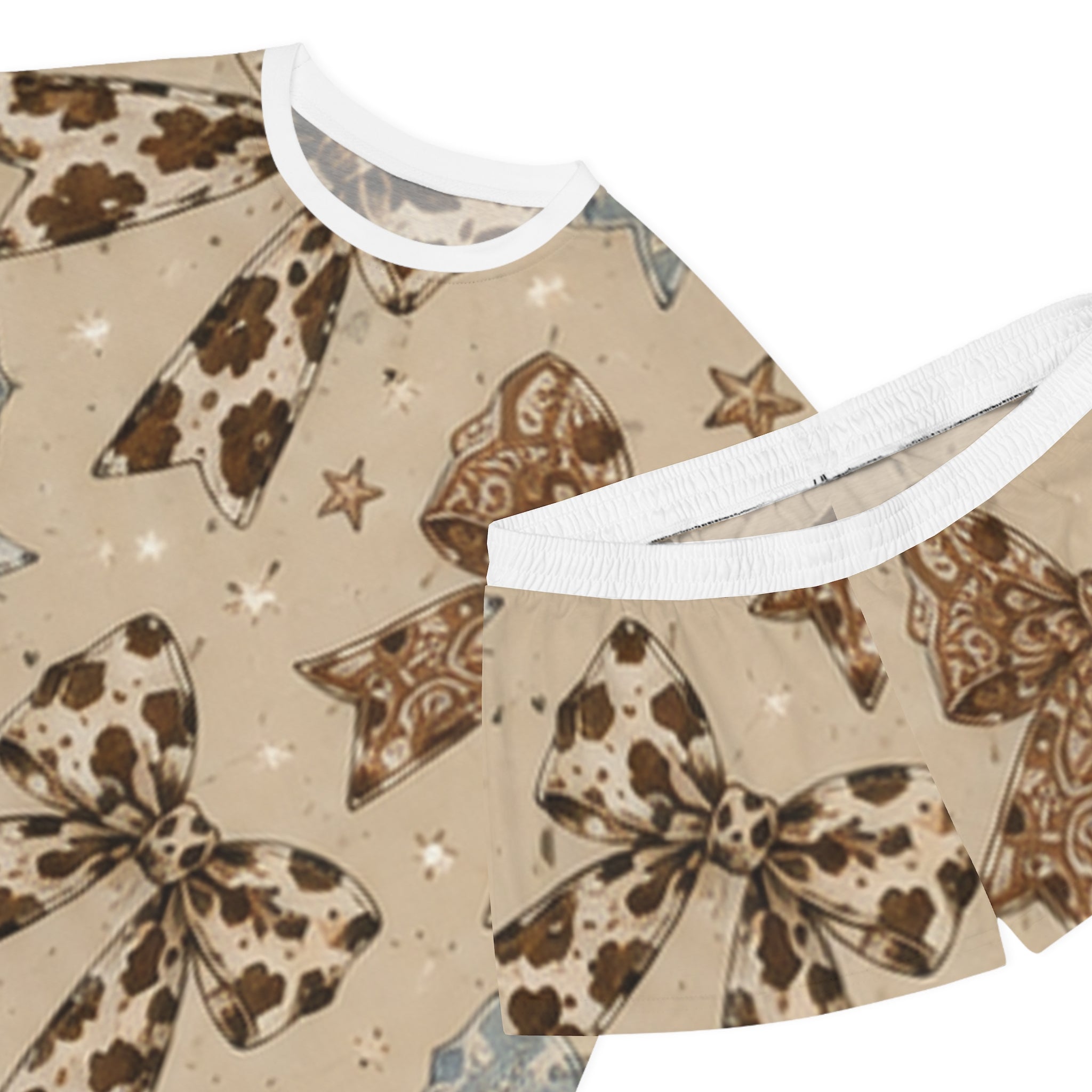 Bow Print Women's Short Pajama Set — Neutral Cowhide & Paisley Bows Sleepwear