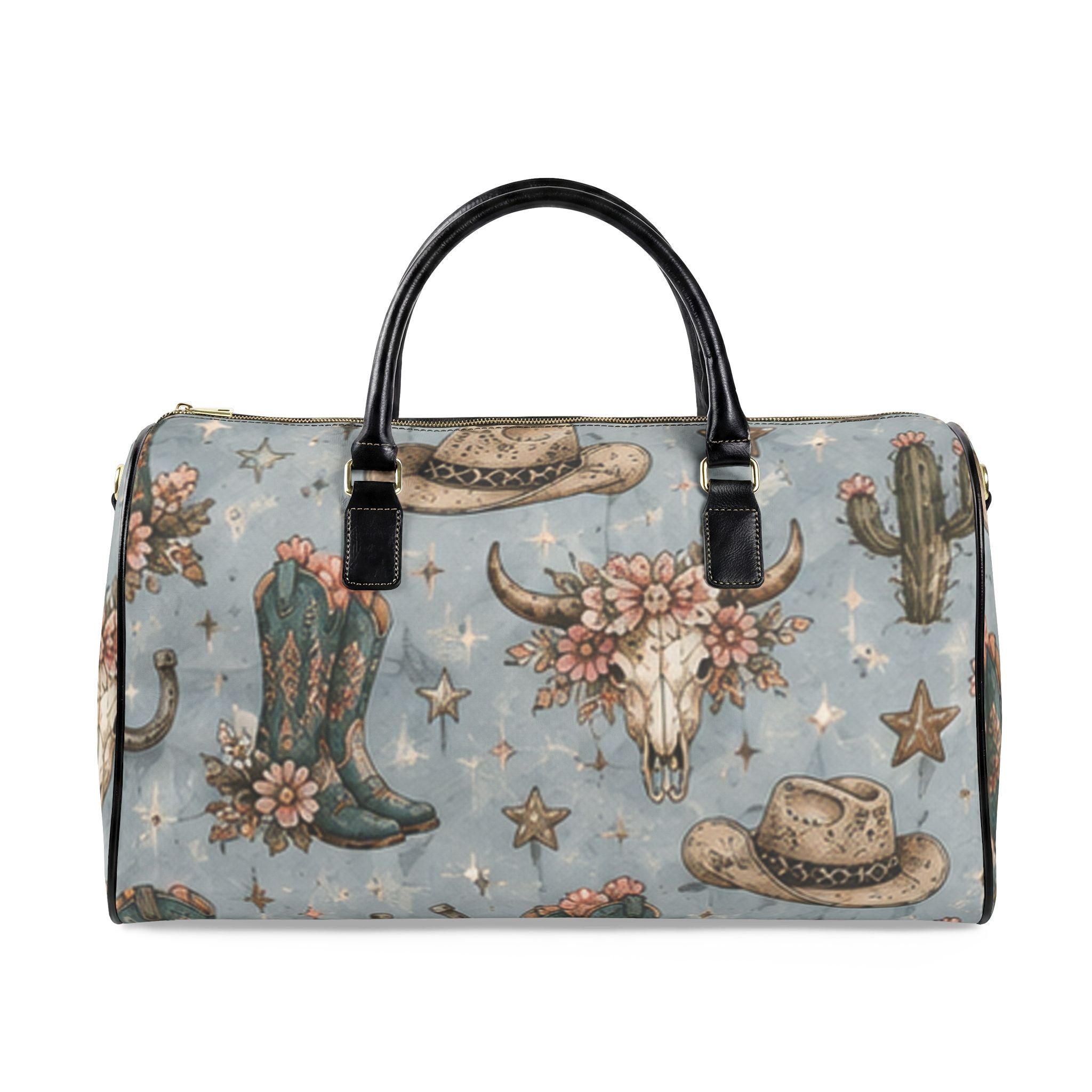 Western Floral Weekender Bag — Cowboy Boots, Skull & Cactus Faux Leather Travel Bag