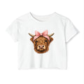 Highland Cow Crop Top — Cute Cow Face with Pink Bow Feminine Festival Tee