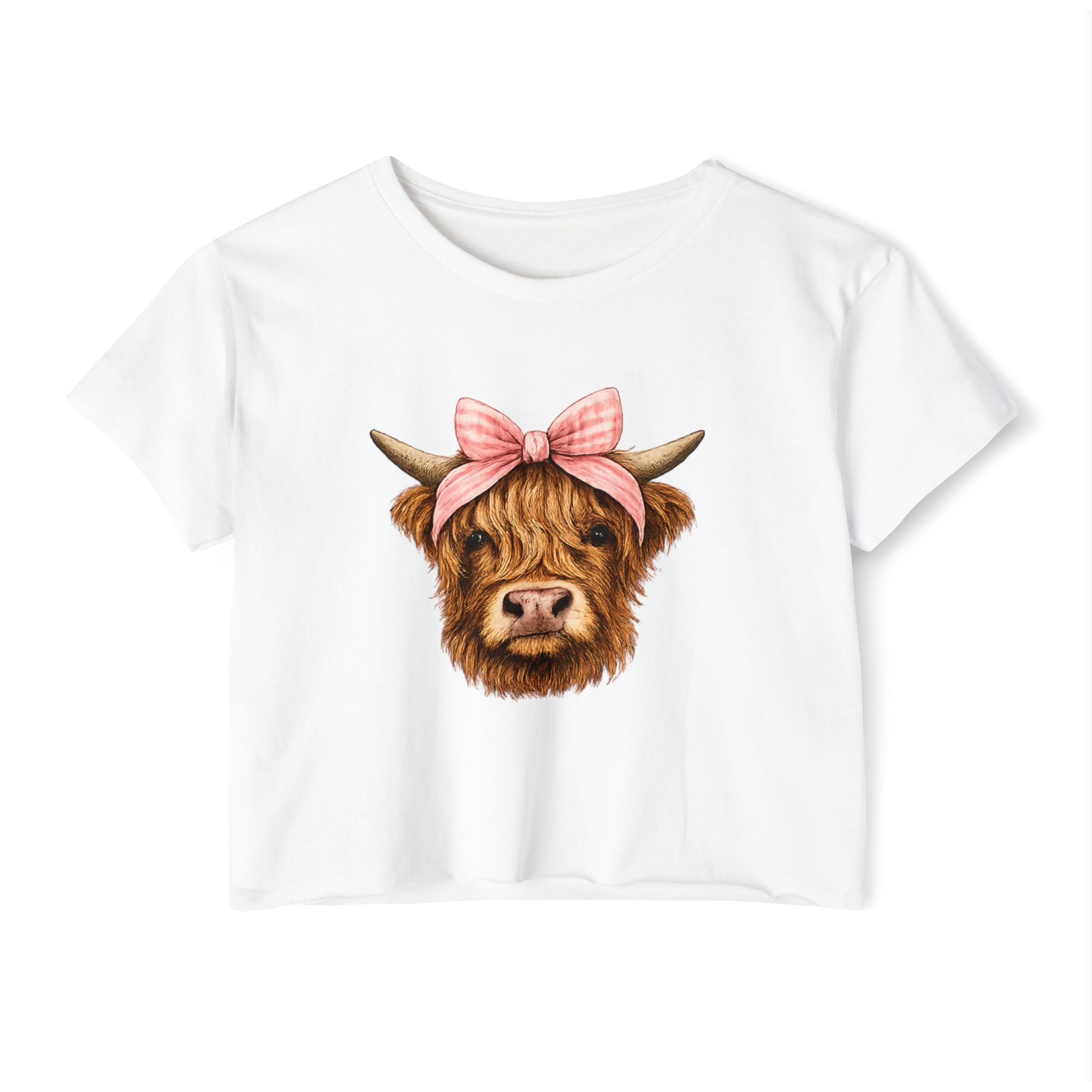 Highland Cow Crop Top — Cute Cow Face with Pink Bow Feminine Festival Tee
