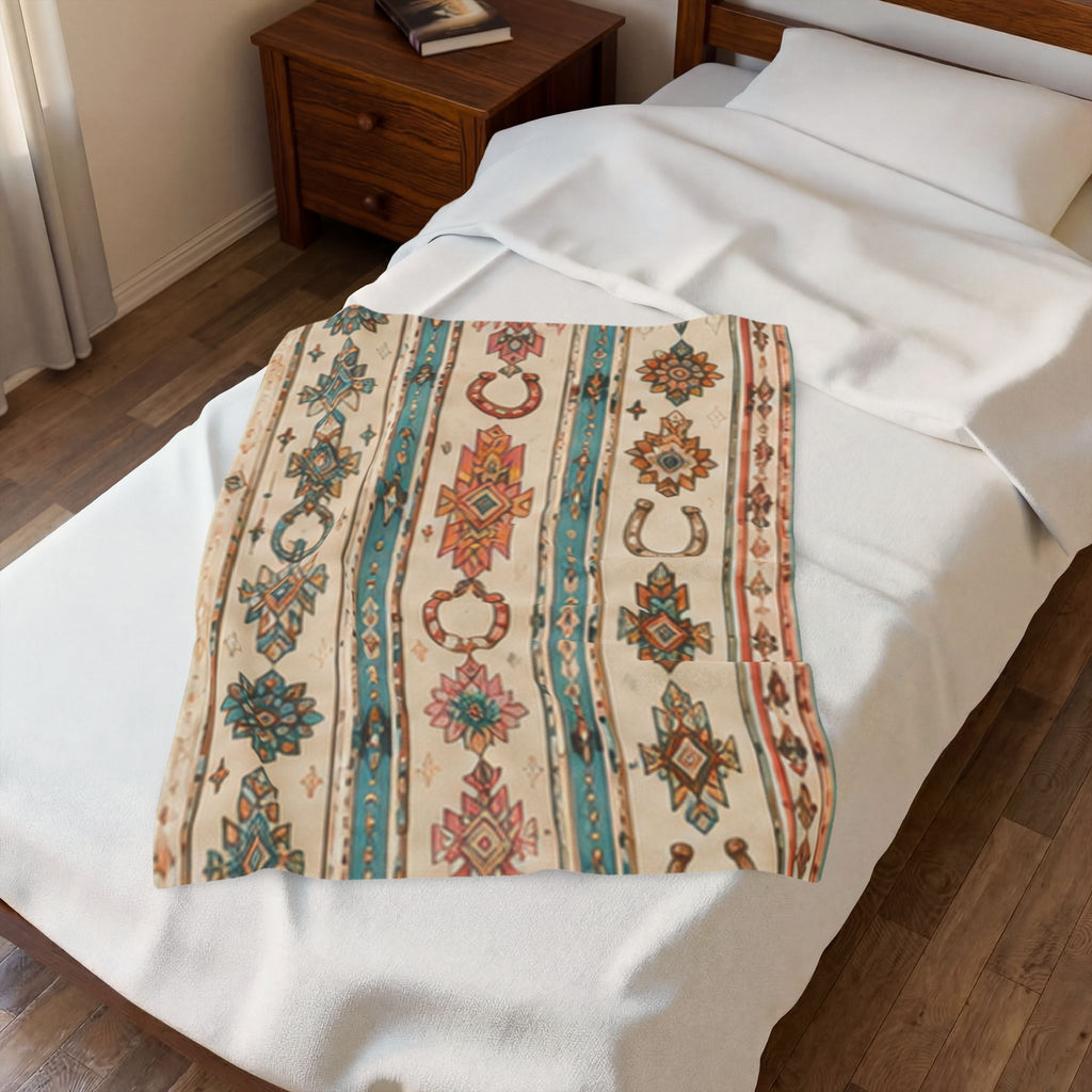 Southwestern Horseshoe Velveteen Plush Blanket – Boho Aztec Throw