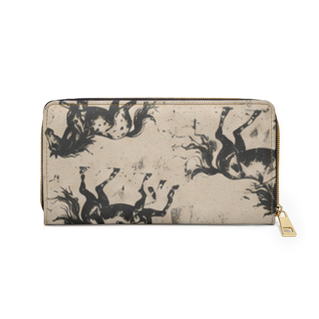 Horse Print Zipper Wallet — Vintage Sketch Galloping Horses Long Wallet