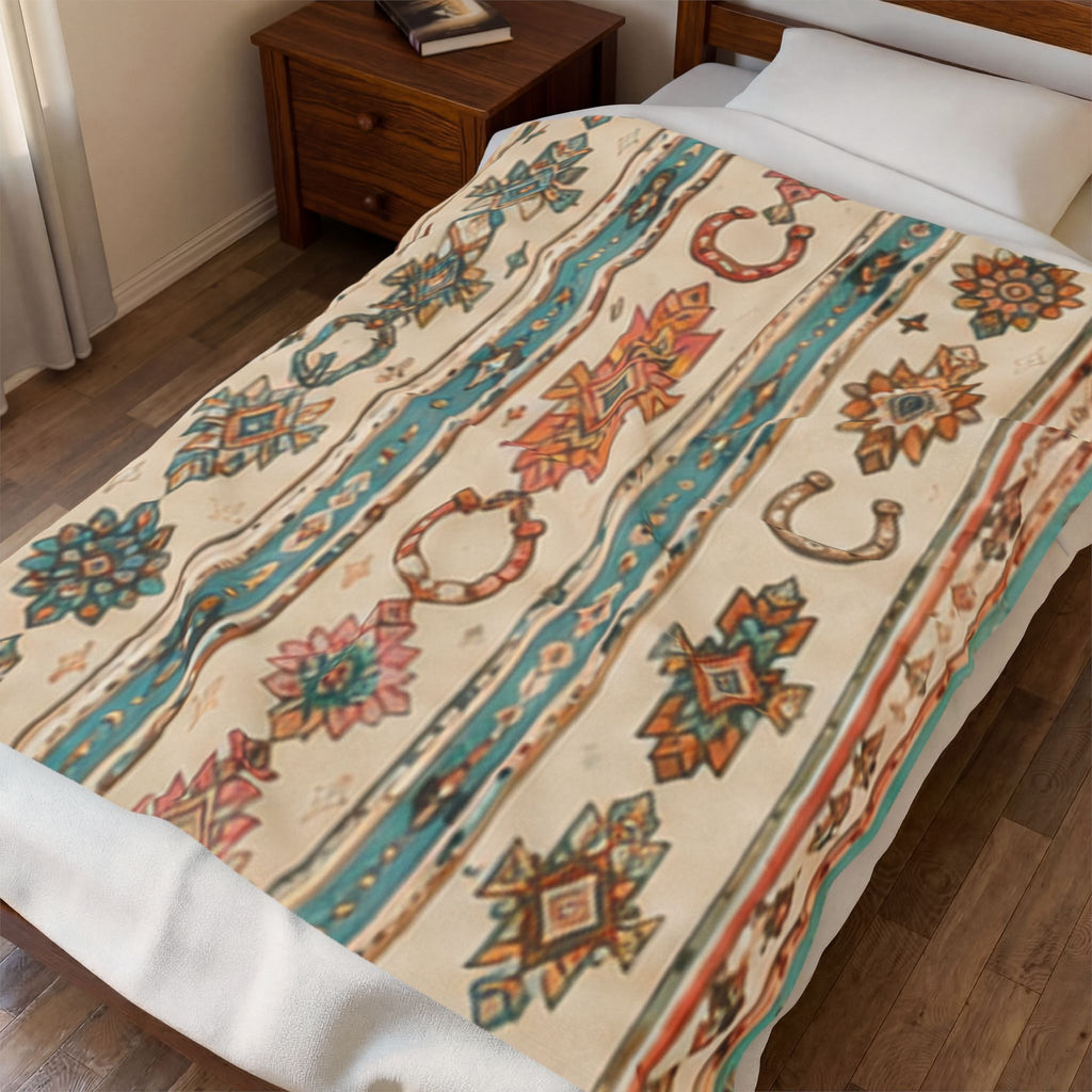 Southwestern Horseshoe Velveteen Plush Blanket – Boho Aztec Throw