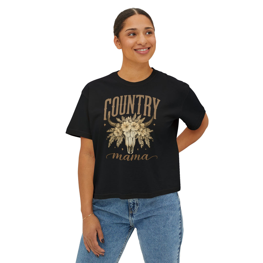 Country Mama Boxy Tee — Floral Bull Skull Graphic Tee for Moms