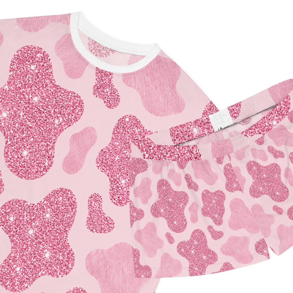Pink Glitter Cow Print Women's Pajama Set - Cute Short Sleepwear