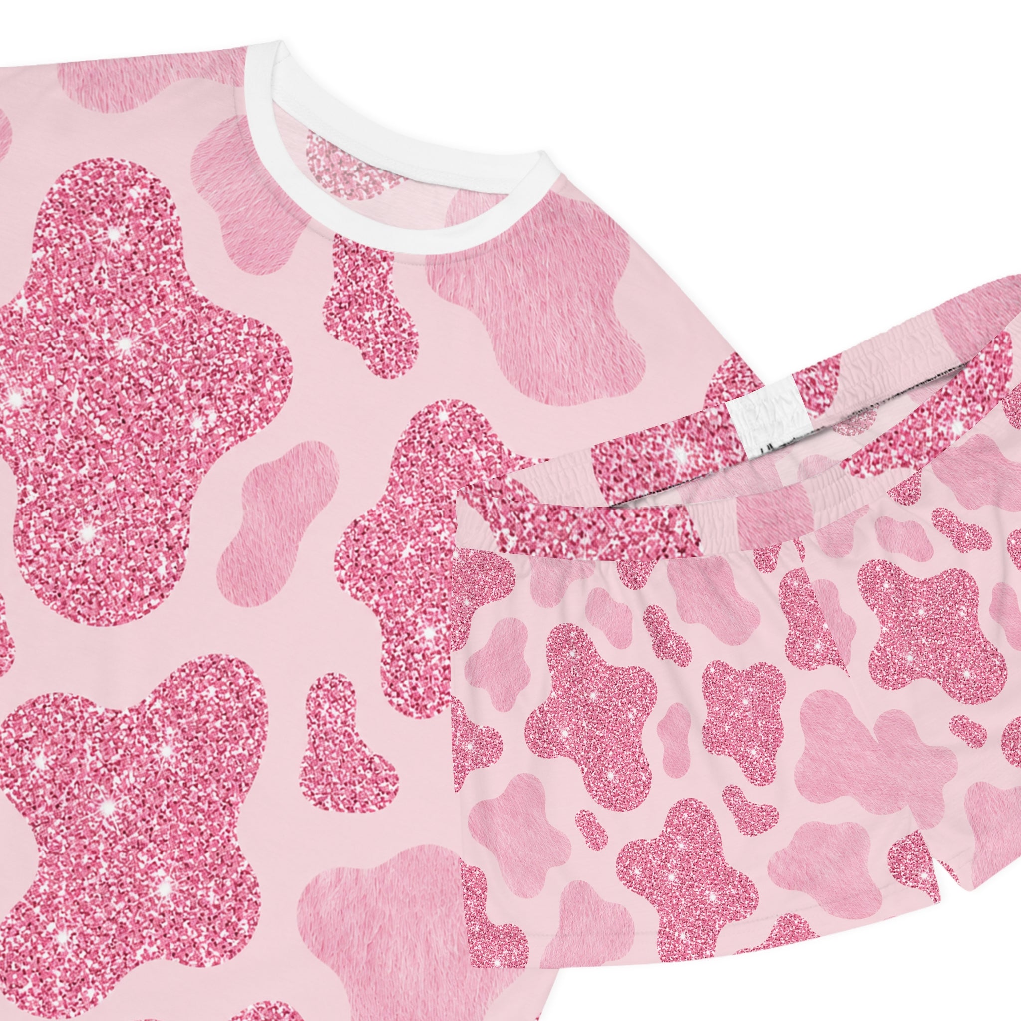 Pink Glitter Cow Print Women's Pajama Set - Cute Short Sleepwear