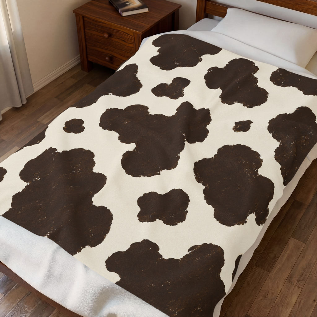 Cowhide Print Velveteen Plush Blanket — Cozy Brown & Cream Throw