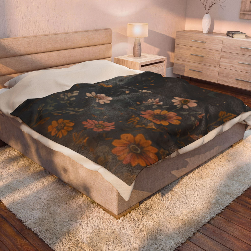 Velveteen Plush Blanket — Midnight Wildflower Throw (Boho Floral Moon)