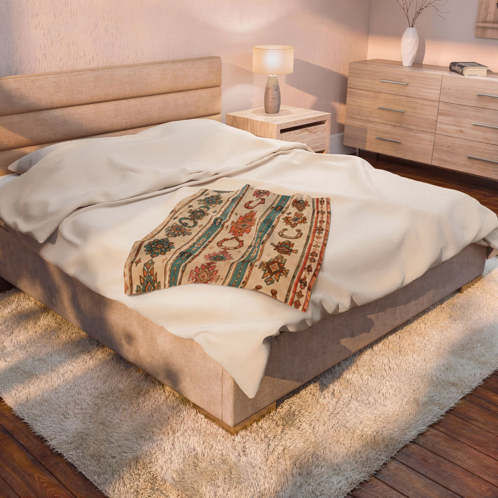 Southwestern Horseshoe Velveteen Plush Blanket – Boho Aztec Throw