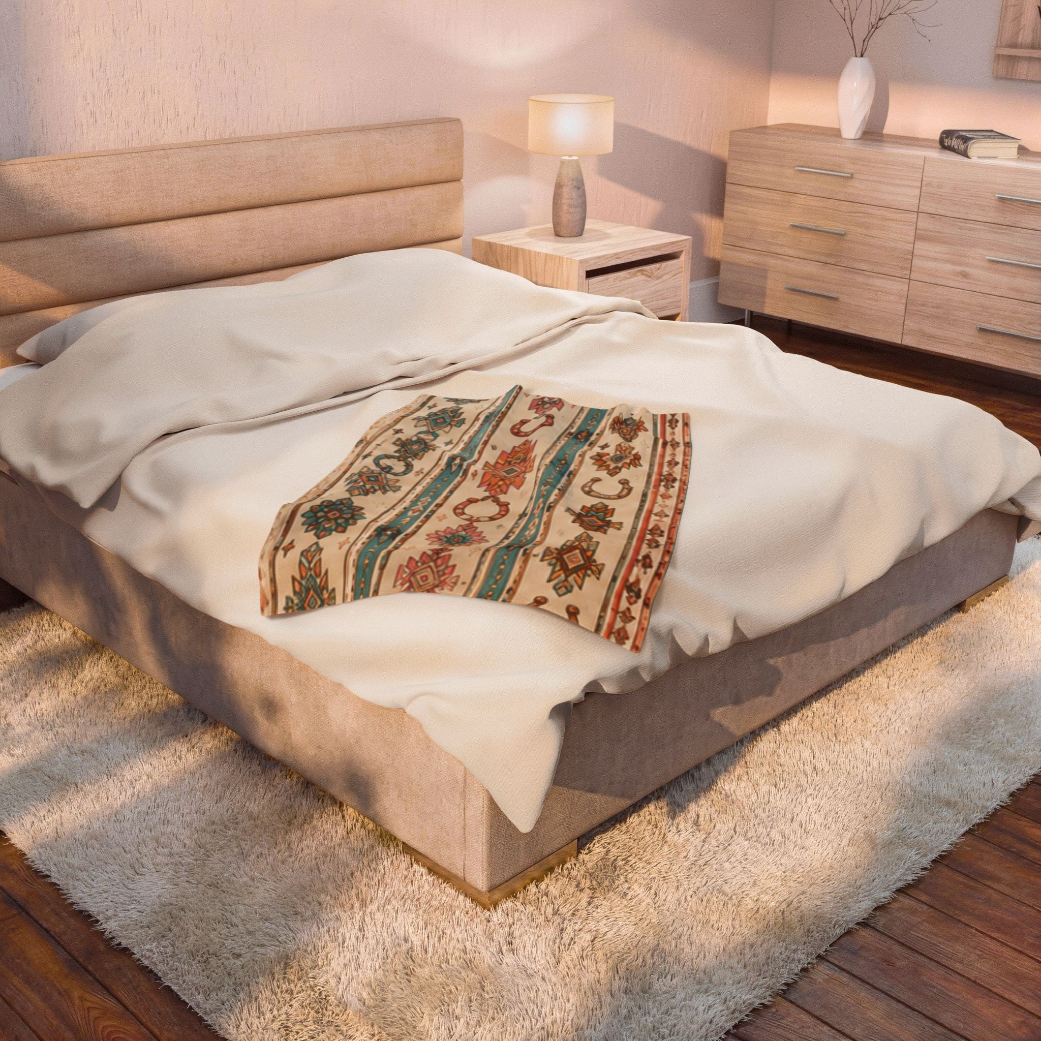 Southwestern Horseshoe Velveteen Plush Blanket – Boho Aztec Throw