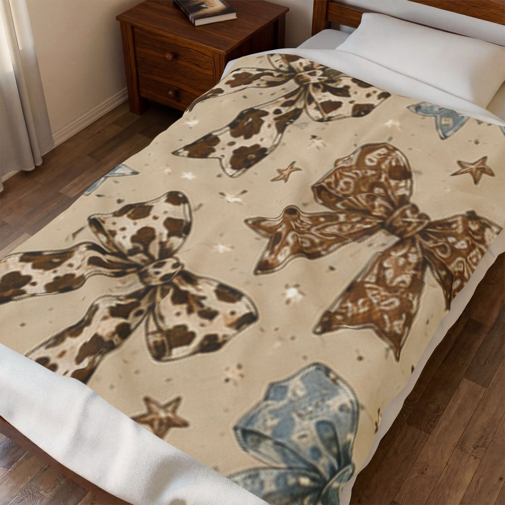 Cowgirl Bow Velveteen Plush Blanket — Western Cowhide Bow Pattern Throw