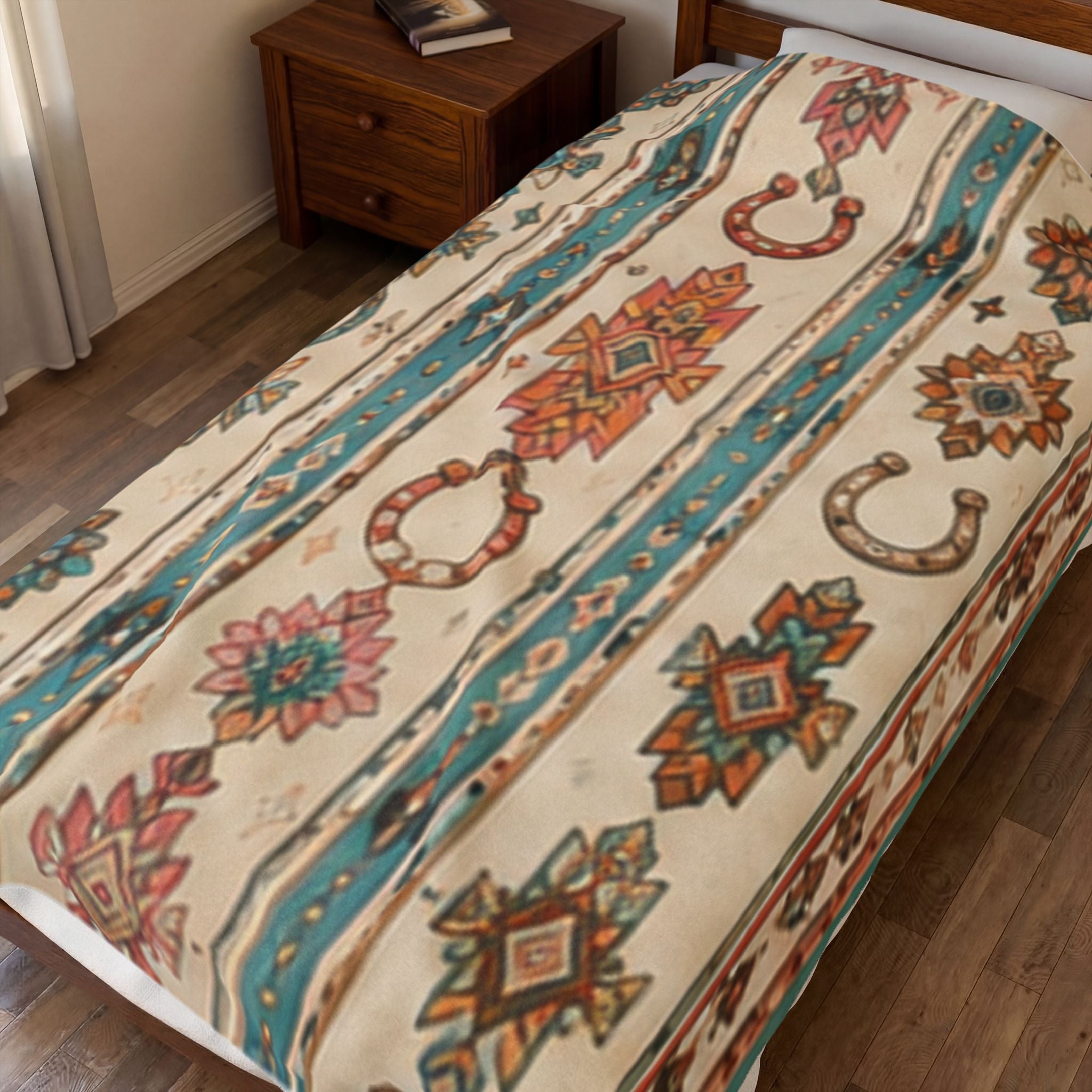 Southwestern Horseshoe Velveteen Plush Blanket – Boho Aztec Throw