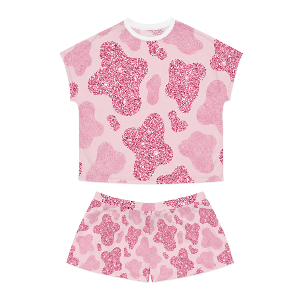 Pink Glitter Cow Print Women's Pajama Set - Cute Short Sleepwear