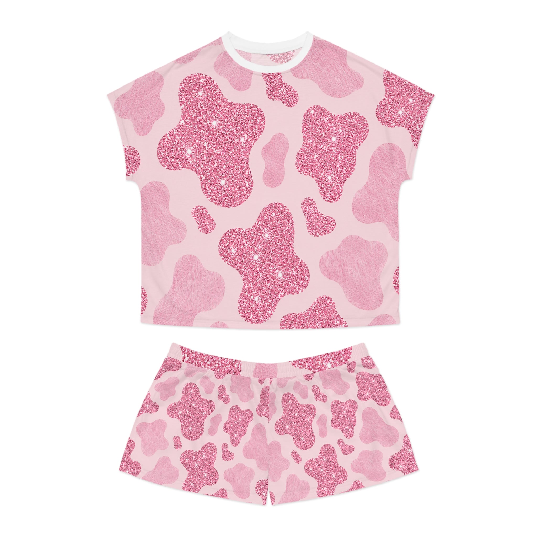 Pink Glitter Cow Print Women's Pajama Set - Cute Short Sleepwear