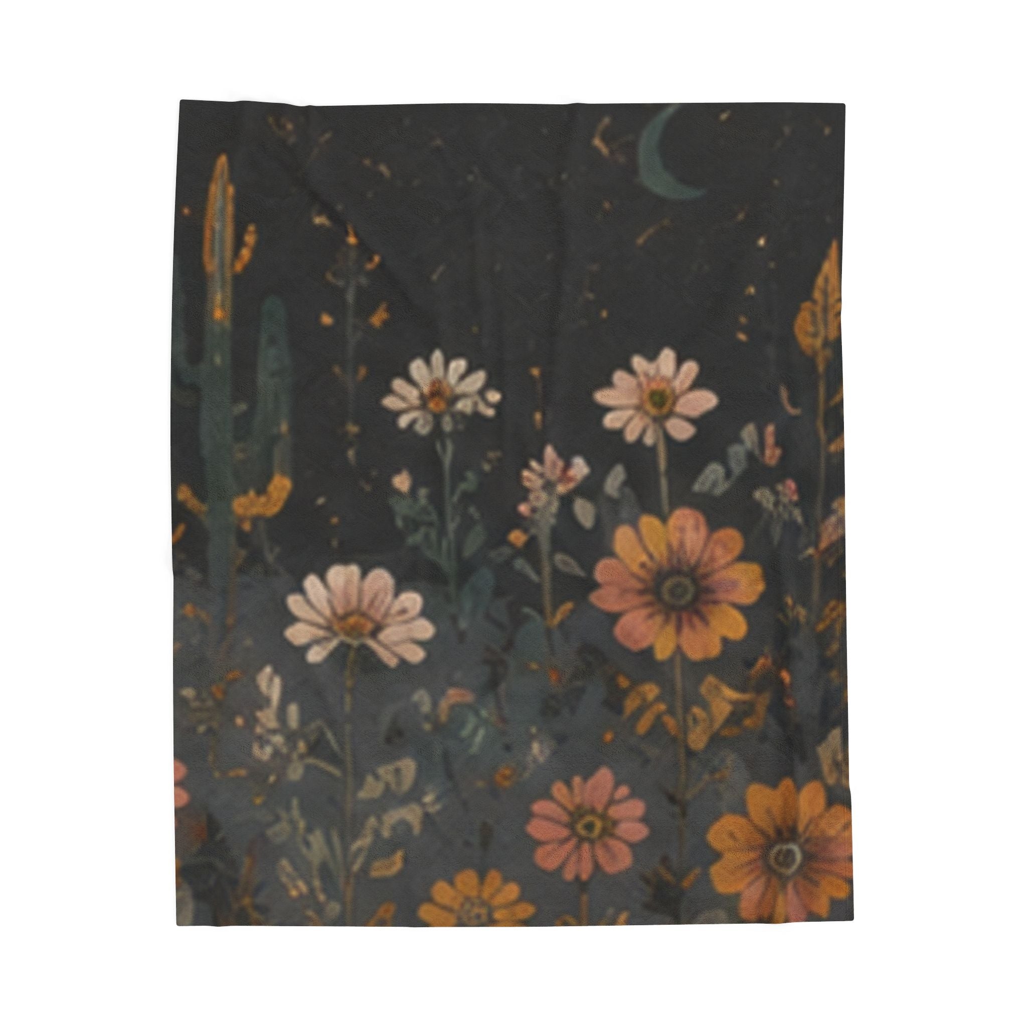 Velveteen Plush Blanket — Midnight Wildflower Throw (Boho Floral Moon)