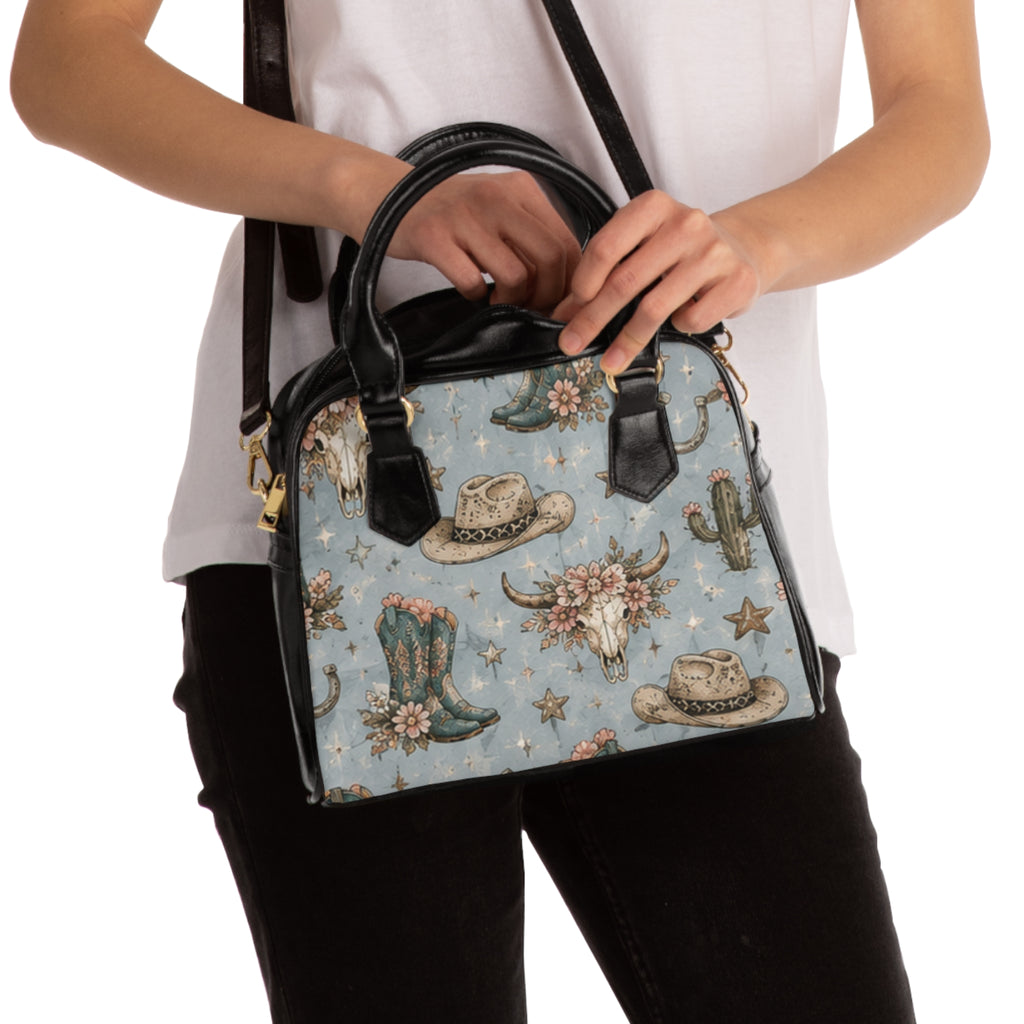 Western Cowgirl Shoulder Handbag — Floral Boots, Cowboy Hat & Skull Print