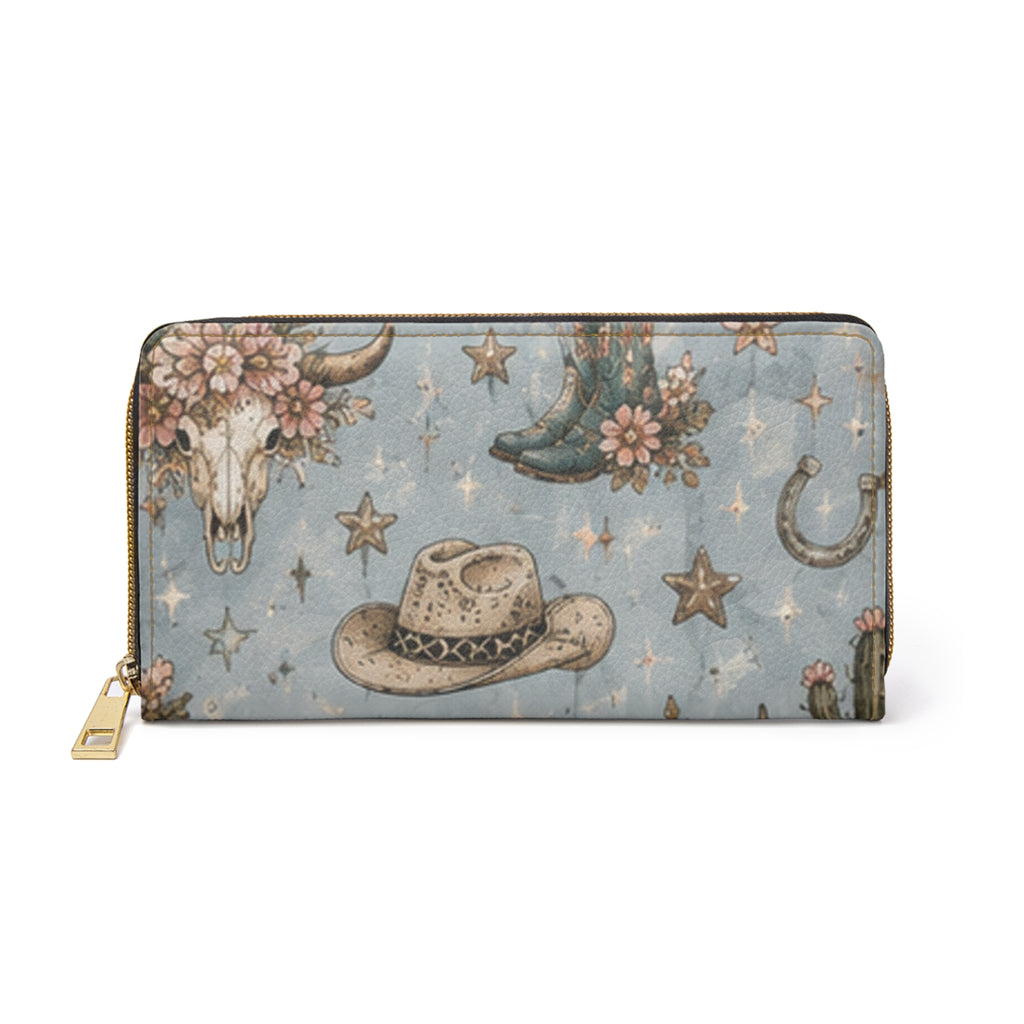 Western Floral Zipper Wallet – Cow Skull, Cowboy Hat & Horseshoe Ranch Print