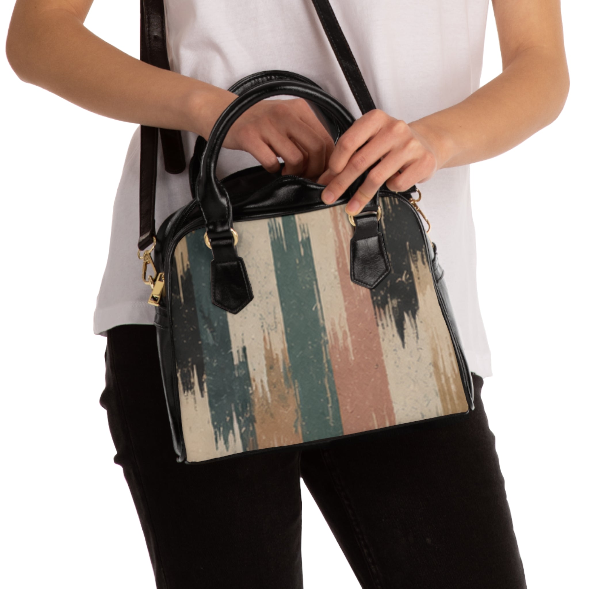 Retro Striped Shoulder Handbag – Vintage Boho Distressed Vertical Stripes
