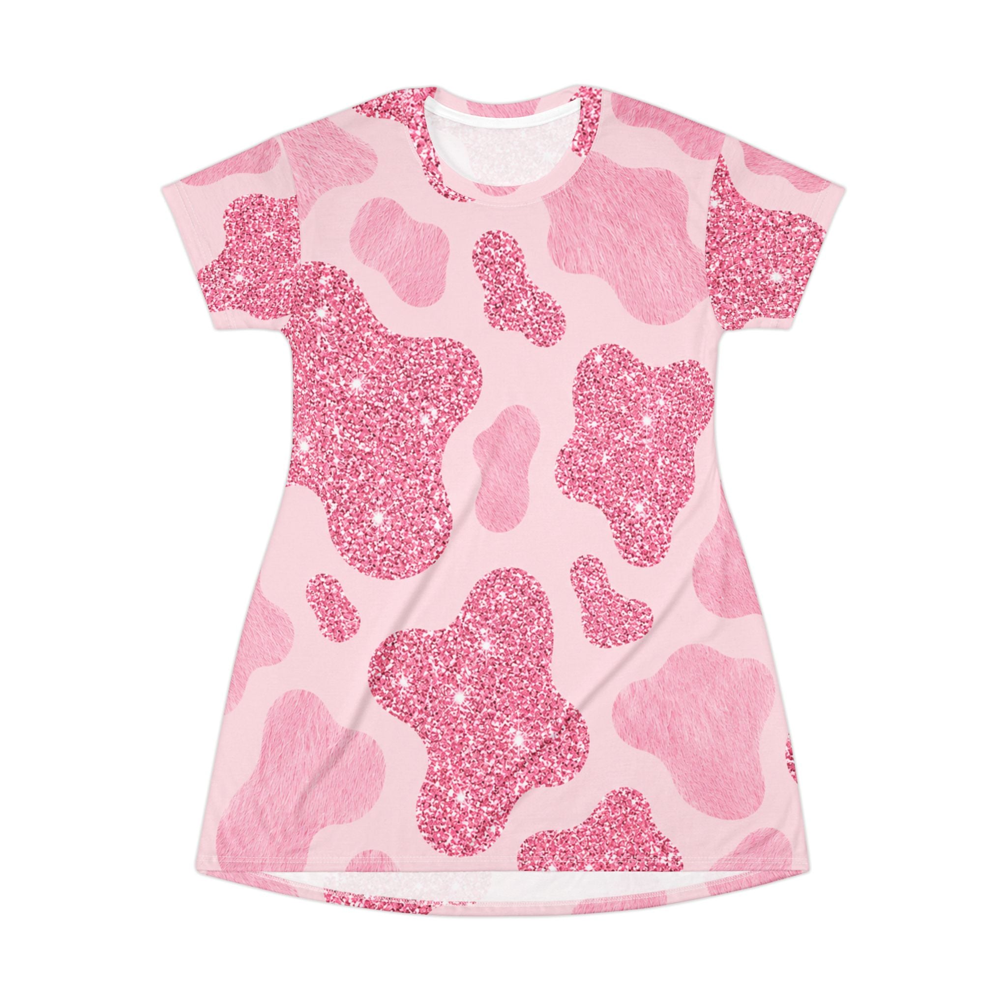 Pink Glitter Cow Print T-Shirt Dress – All-Over Print Cute Cowhide Pattern
