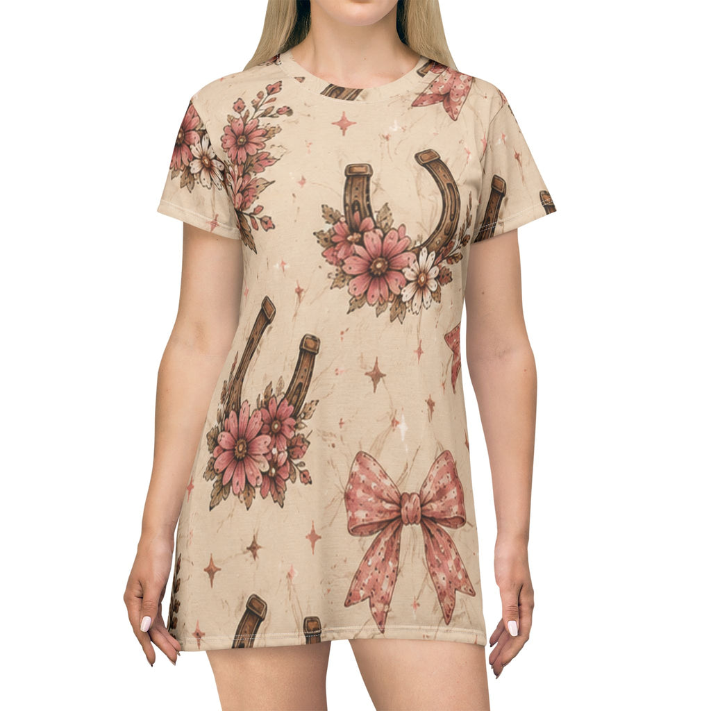 Floral Horseshoe T‑Shirt Dress – Vintage Cowgirl Bow Print