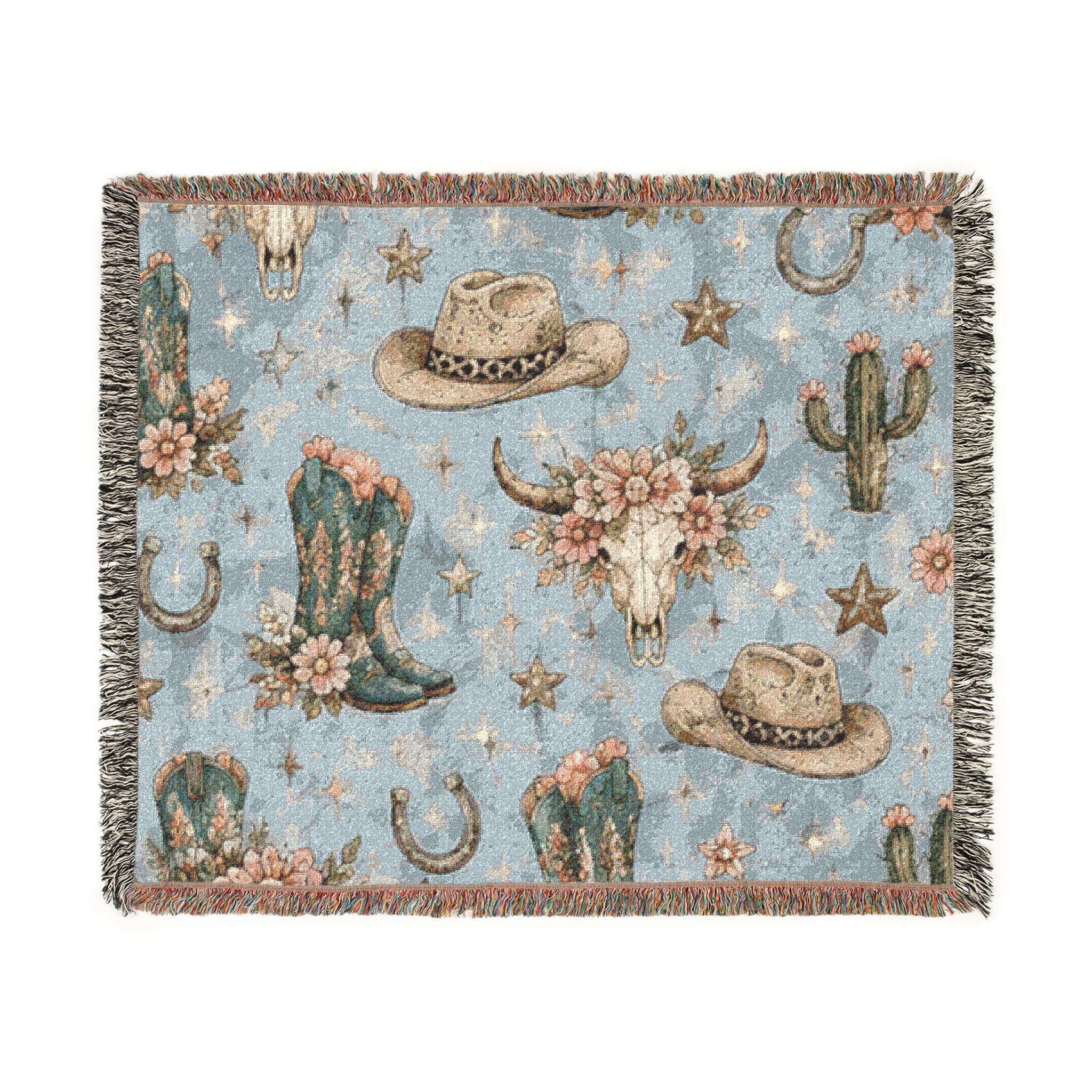 Cowboy Western Woven Blanket – Southwestern Boots, Cactus & Skull Throw
