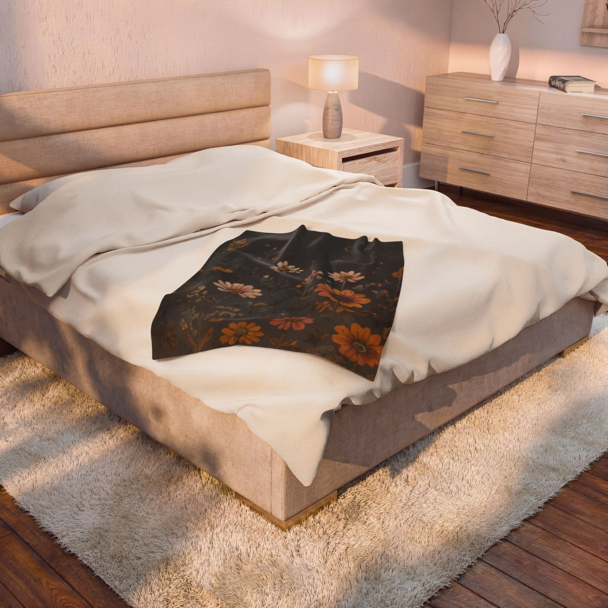 Velveteen Plush Blanket — Midnight Wildflower Throw (Boho Floral Moon)