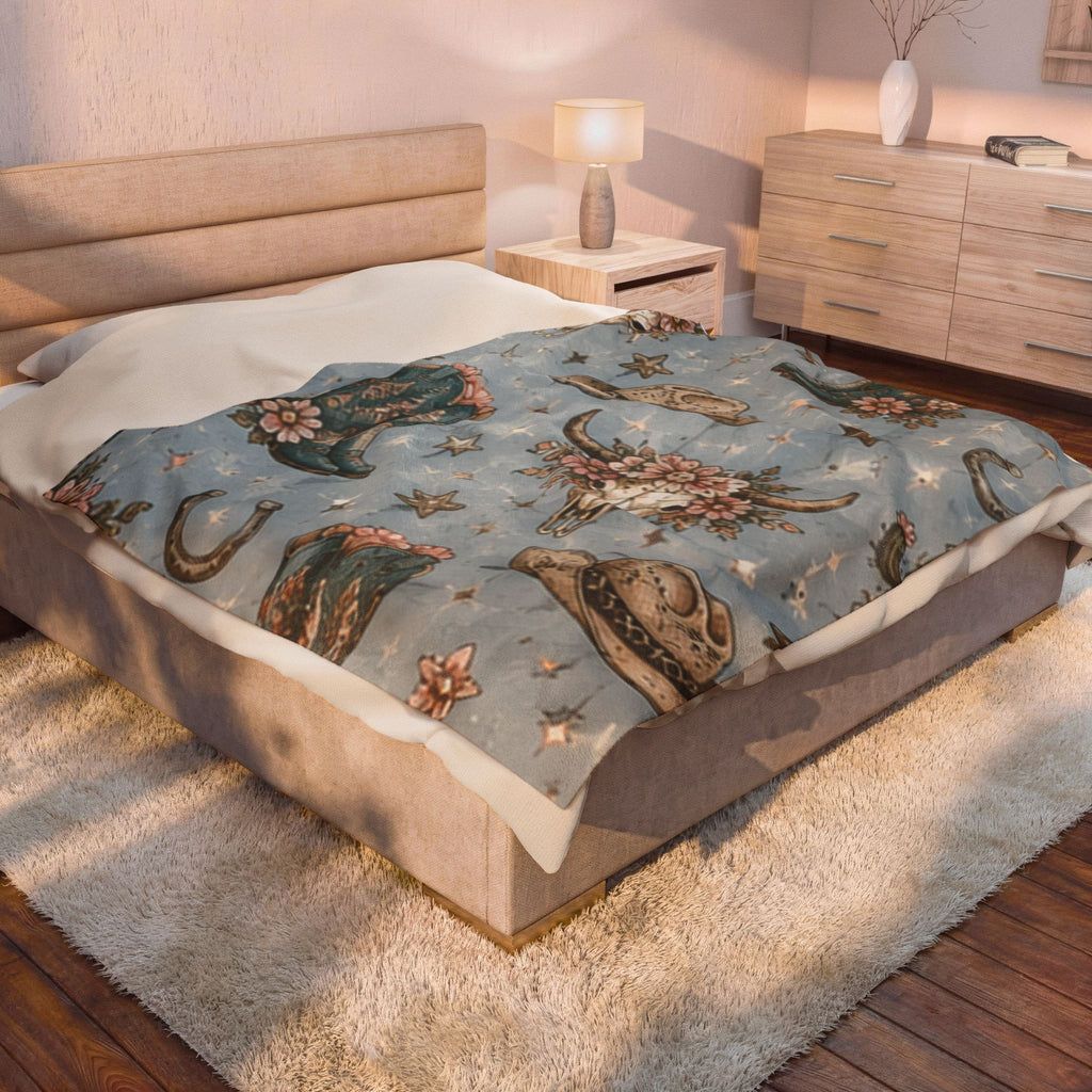Western Floral Cow Skull Velveteen Plush Blanket — Cowboy Hat & Boots Pattern