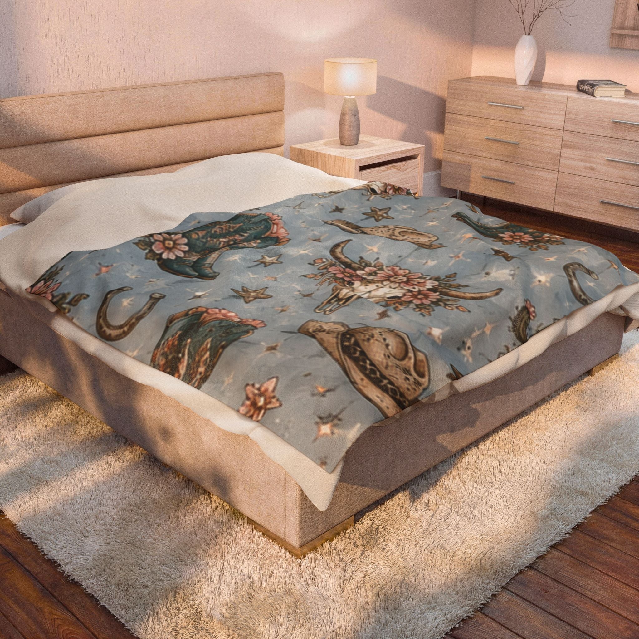 Western Floral Cow Skull Velveteen Plush Blanket — Cowboy Hat & Boots Pattern