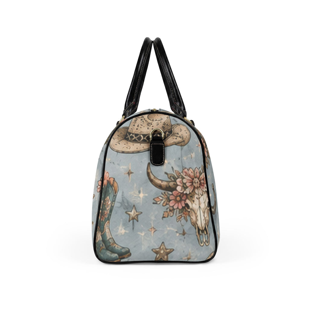 Western Floral Weekender Bag — Cowboy Boots, Skull & Cactus Faux Leather Travel Bag