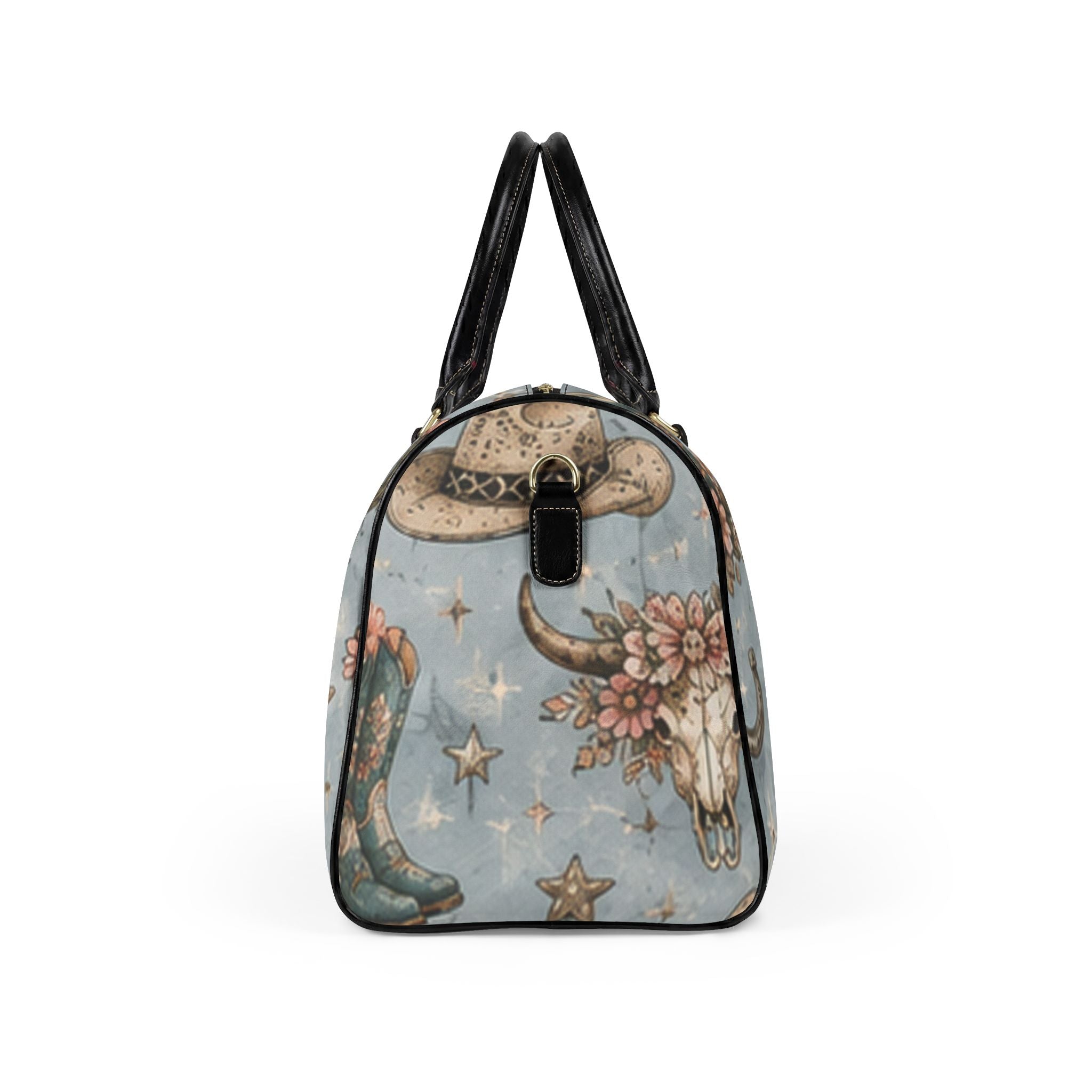 Western Floral Weekender Bag — Cowboy Boots, Skull & Cactus Faux Leather Travel Bag