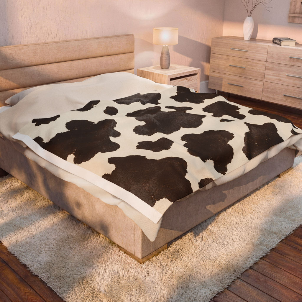 Cowhide Print Velveteen Plush Blanket — Cozy Brown & Cream Throw