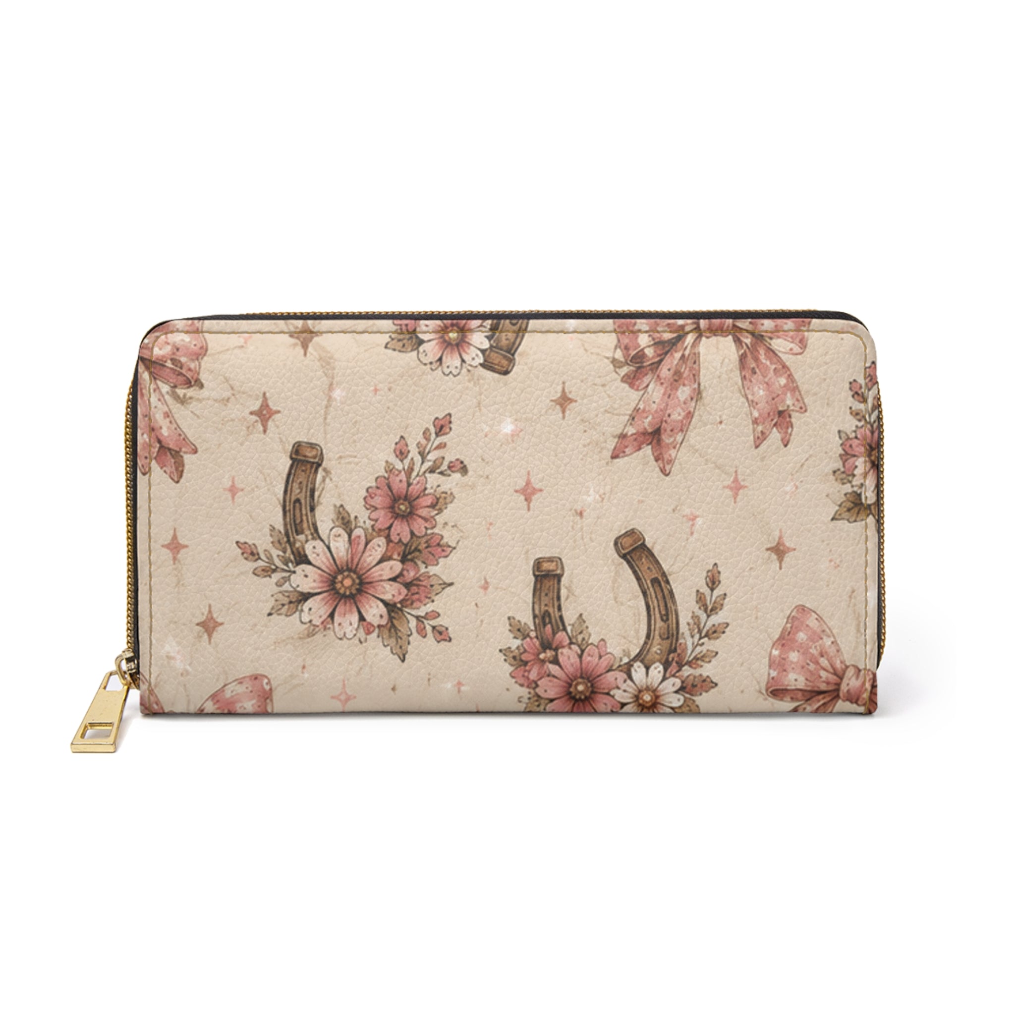 Floral Horseshoe Zip Wallet — Pink Vintage Bow & Daisy Pattern